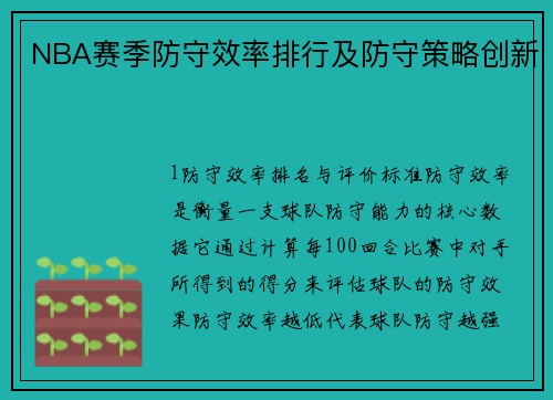 NBA赛季防守效率排行及防守策略创新